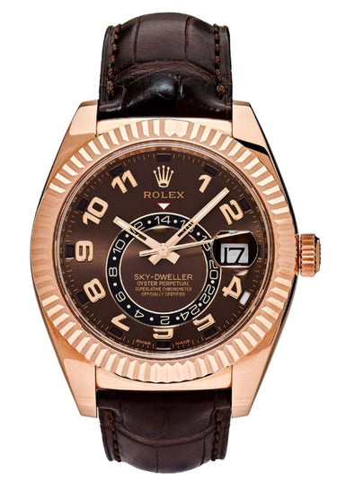 Rolex Sky-Dweller 18k Rose Gold Chocolate Arabic Dial Leather Band 326135 - WatchesOff5th
